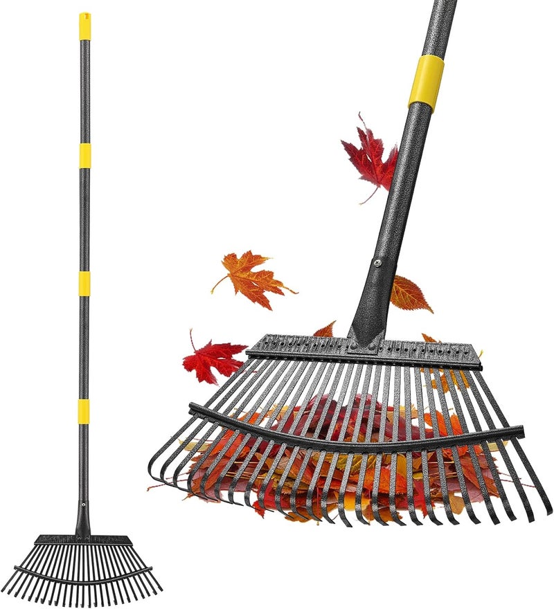 Feblomst Rake, Gardening Rakes for Leaves Lawns Heavy Duty, 79 in Leaf Rake with 25 Clog-Free Tines, 18.5” Wide Large Head, Metal Garden Tools for Yard Quick Cleanup Garss, Debris, Detachable for Camping - Image 1